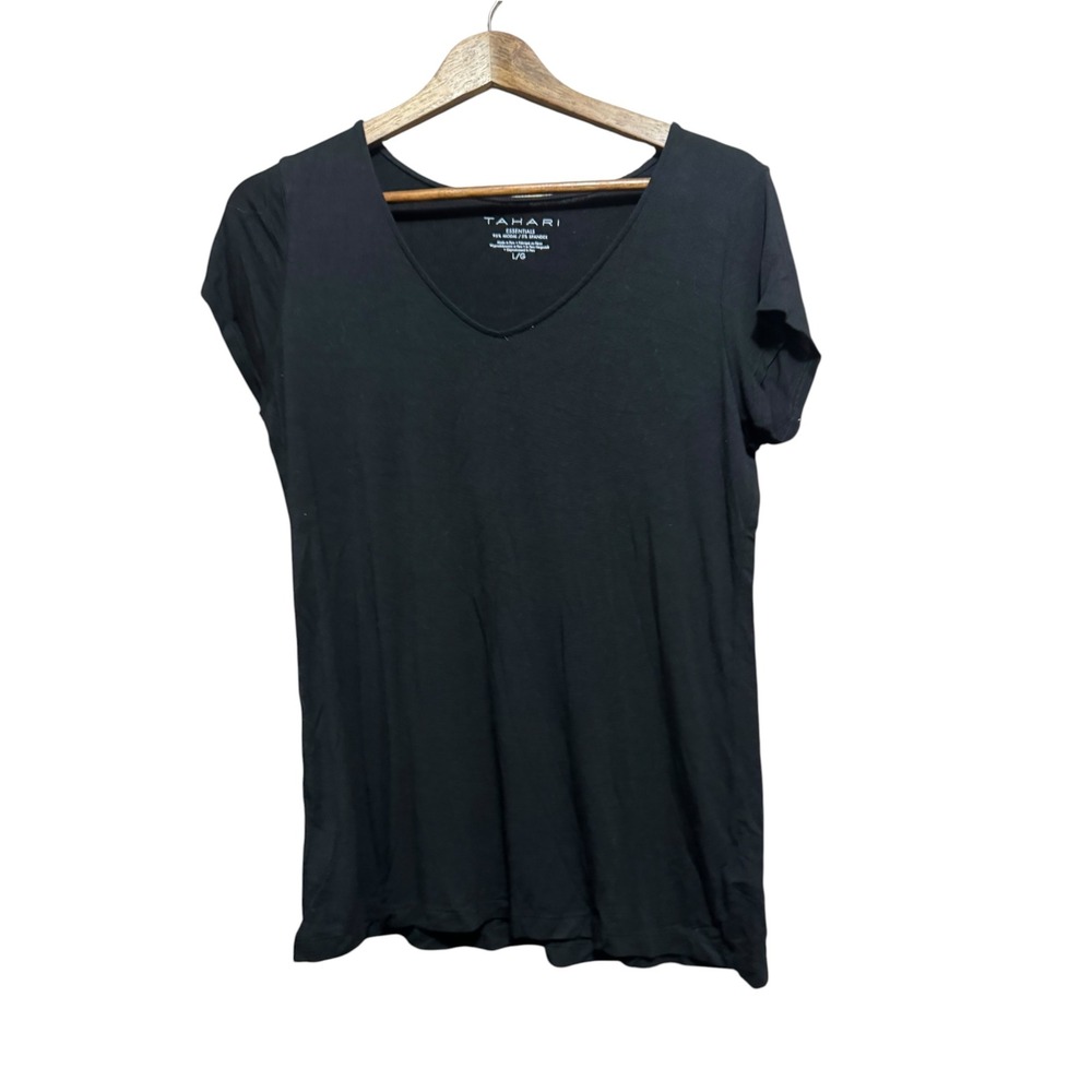 Tahari Essentials T-Shirt Women L Black Excellent V-Neck Modal Short Sleeve